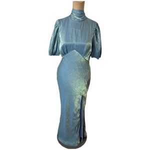 NWT! Lulus Talira Light Blue Satin Lurex Mock Neck Cutout Maxi Dress Size M